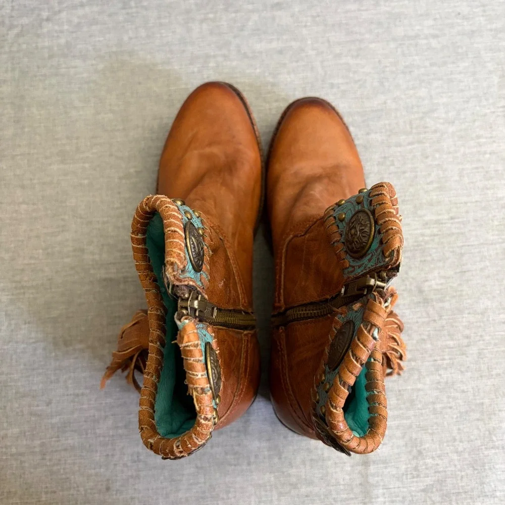 Corral Ankle Boots Women 5.5 Tan Turquoise‎ A3196 Fringe Concho Western Booties